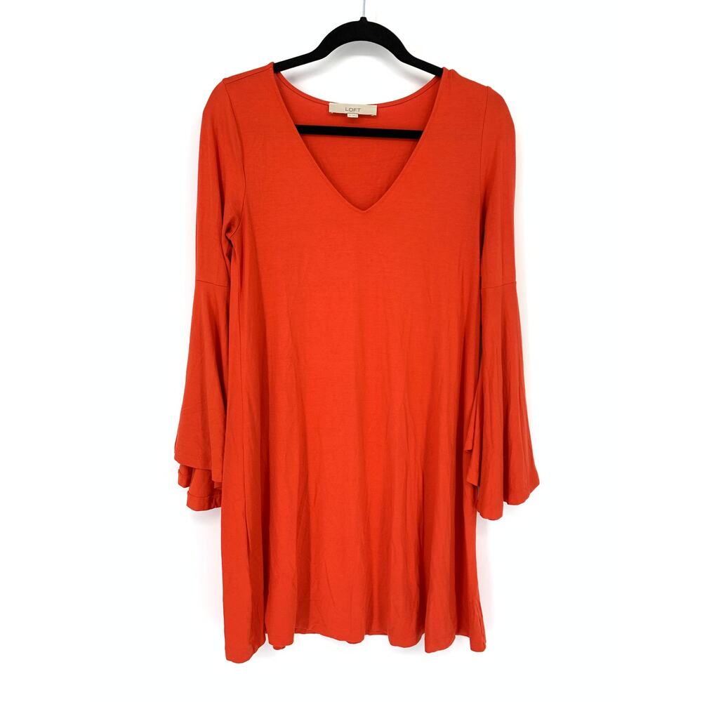 Loft Dress Women's Size XS Bell-Sleeve Stretch V-Neck Knit Red Orange